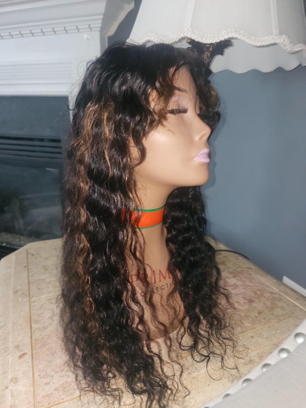 Wavy Long Black Wig with Caramel Highlights - %100 Human Hair